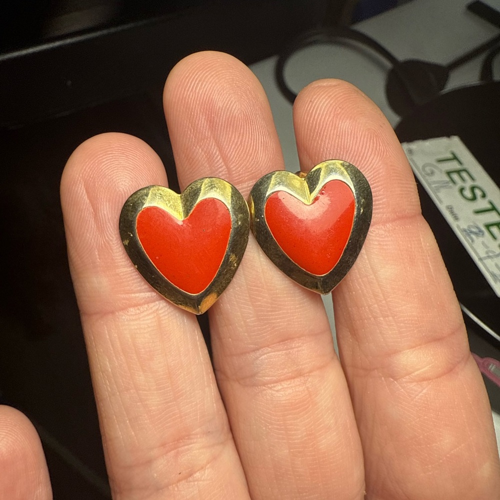 Vintage Gold and Red Heart Clip-On Earrings